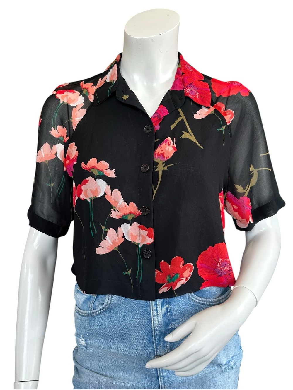 Aritzia Wilfred Black Short Sleeve Floral Print Collared Cropped Blouse Size XS